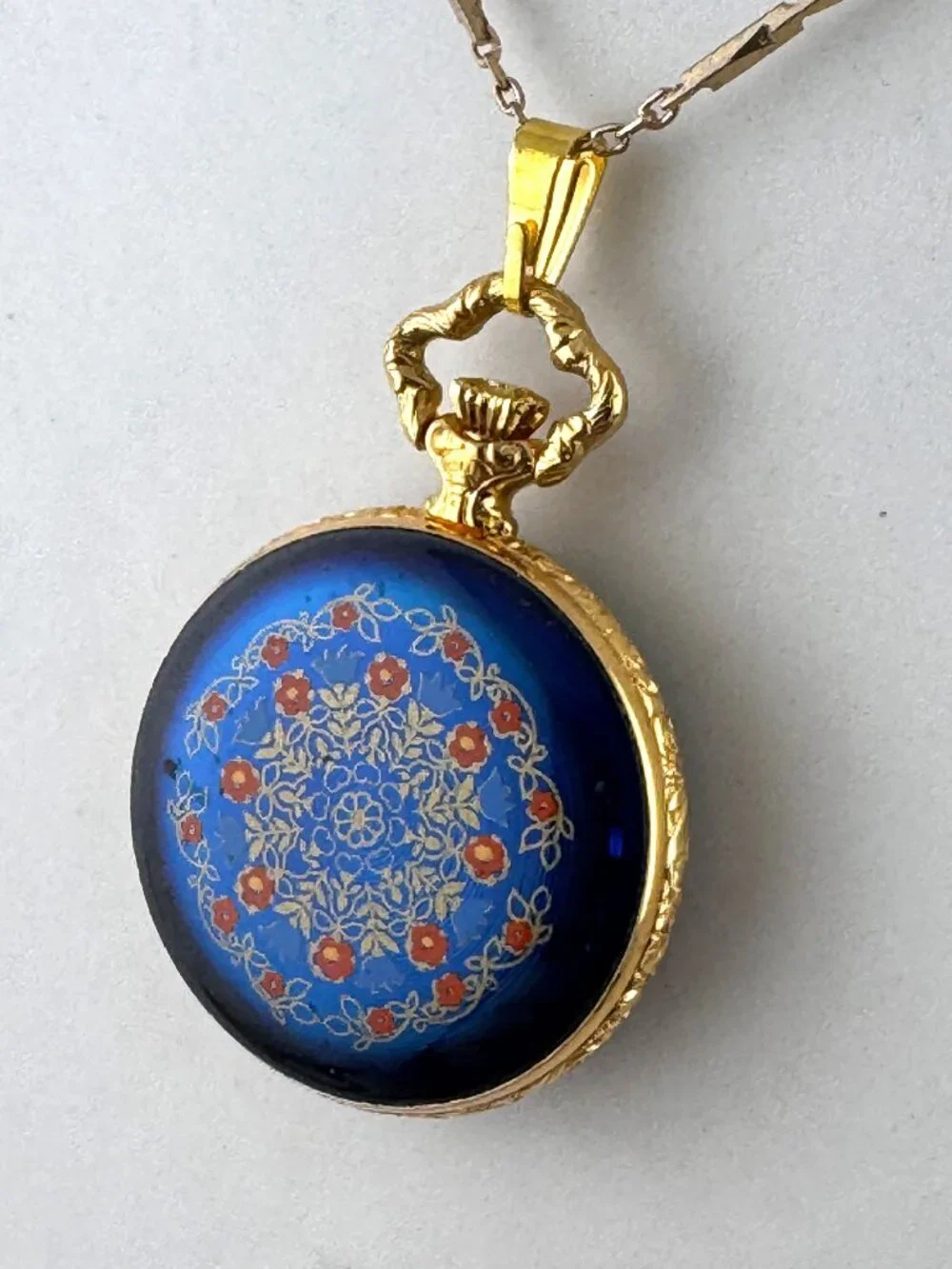 Vintage Hudson Gold Plated Pendant Watch with Blue Guilloche & Red Flower Motifs